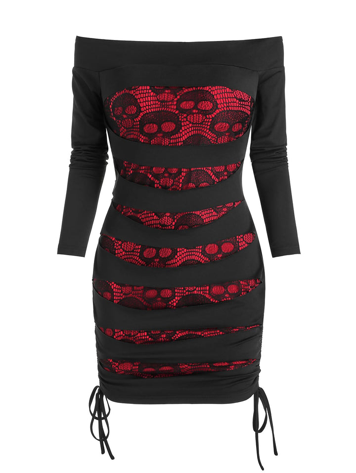 Off The Shoulder Skull Lace Insert Ripped Bodycon Dress