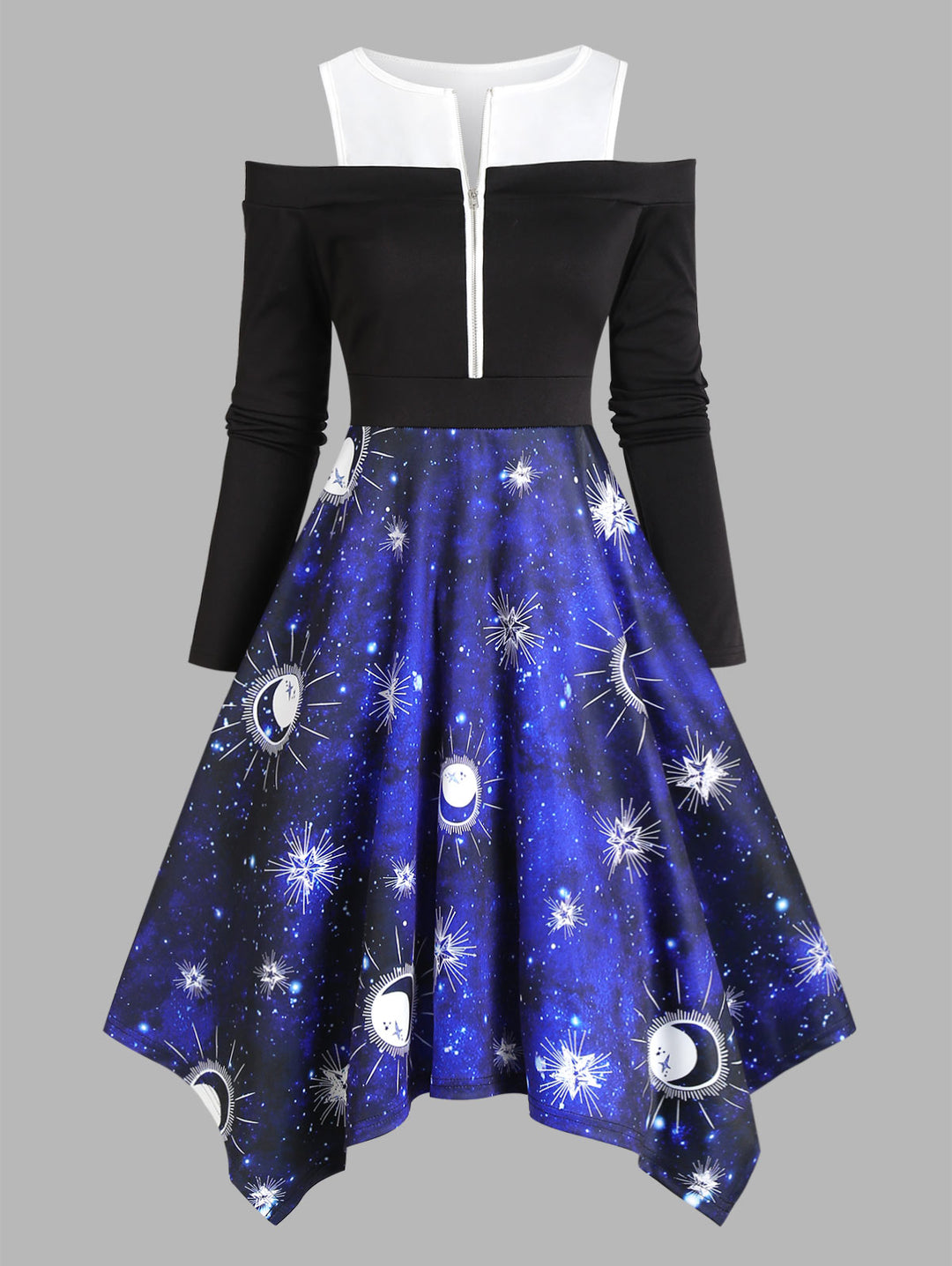 Galaxy Plaid Print Open Shoulder Half Zip Handkerchief Dress