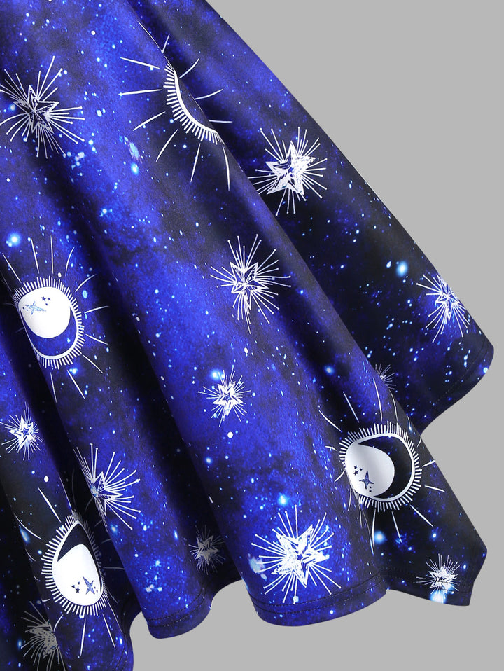 Galaxy Plaid Print Open Shoulder Half Zip Handkerchief Dress