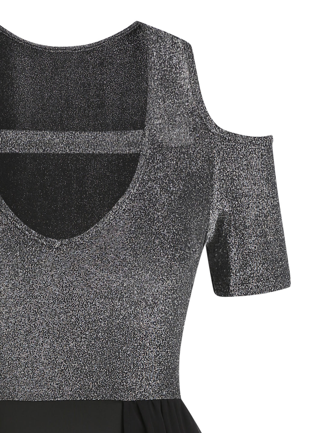 Cut Out Metallic Cold Shoulder High Waisted Chiffon Overlay A Line Midi Dress