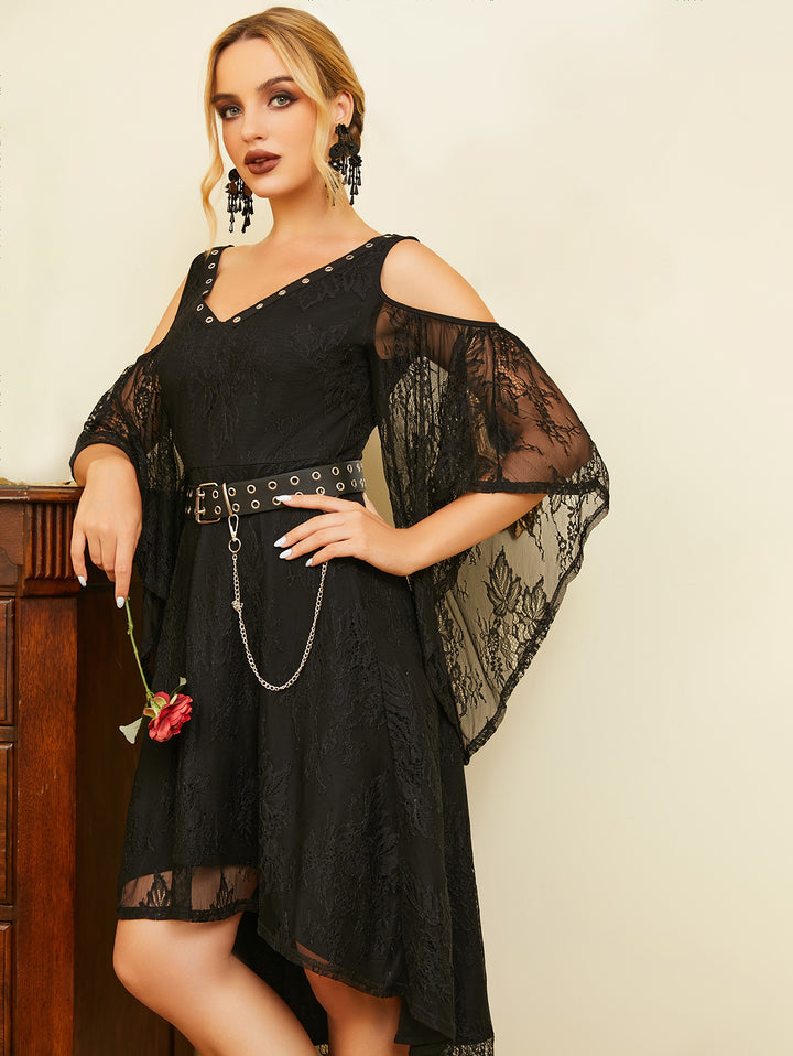 Gothic High Low Flower Lace Cold Shoulder Lace Up Dress