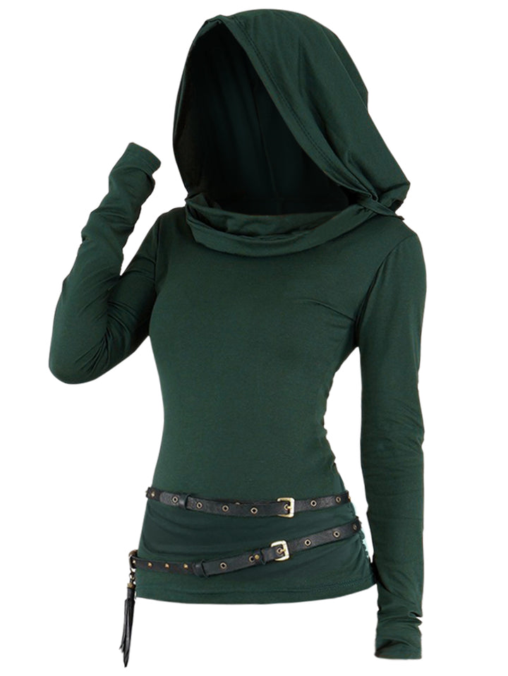 Solid Color Long Sleeve Belted Hooded Top