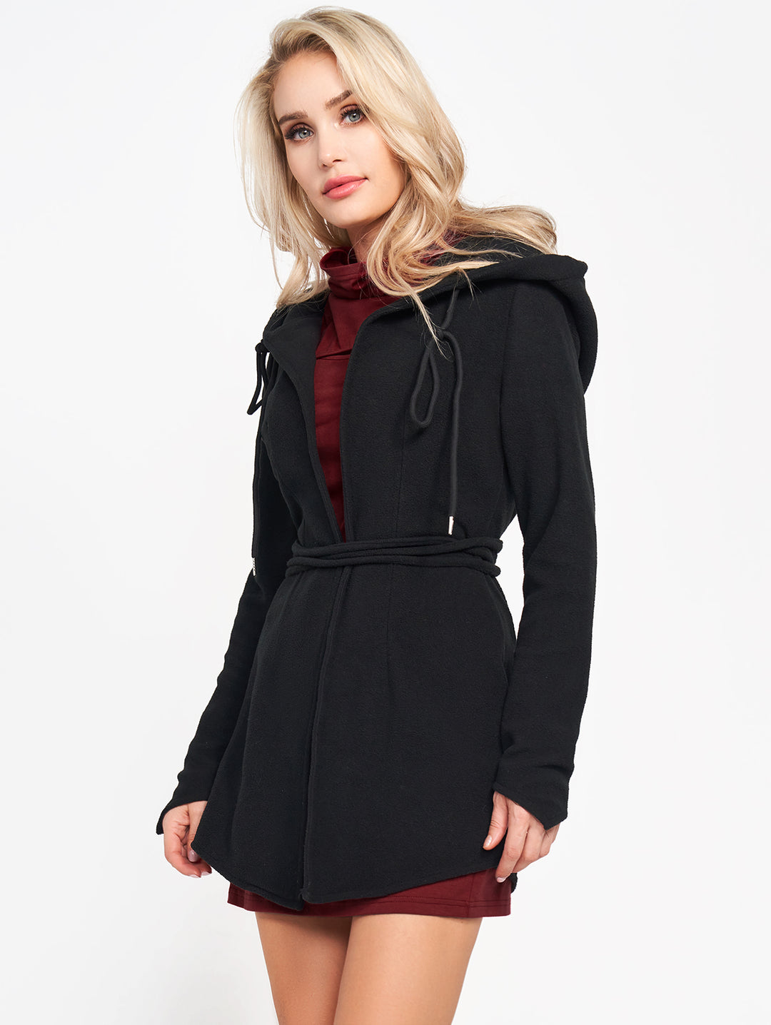 Cut Out Turtleneck Short Sleeve Mini Tee Dress And Hooded Fleece Coat Set