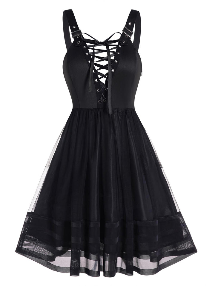 Lace Up Mesh Overlay Buckle Strap A Line Dress