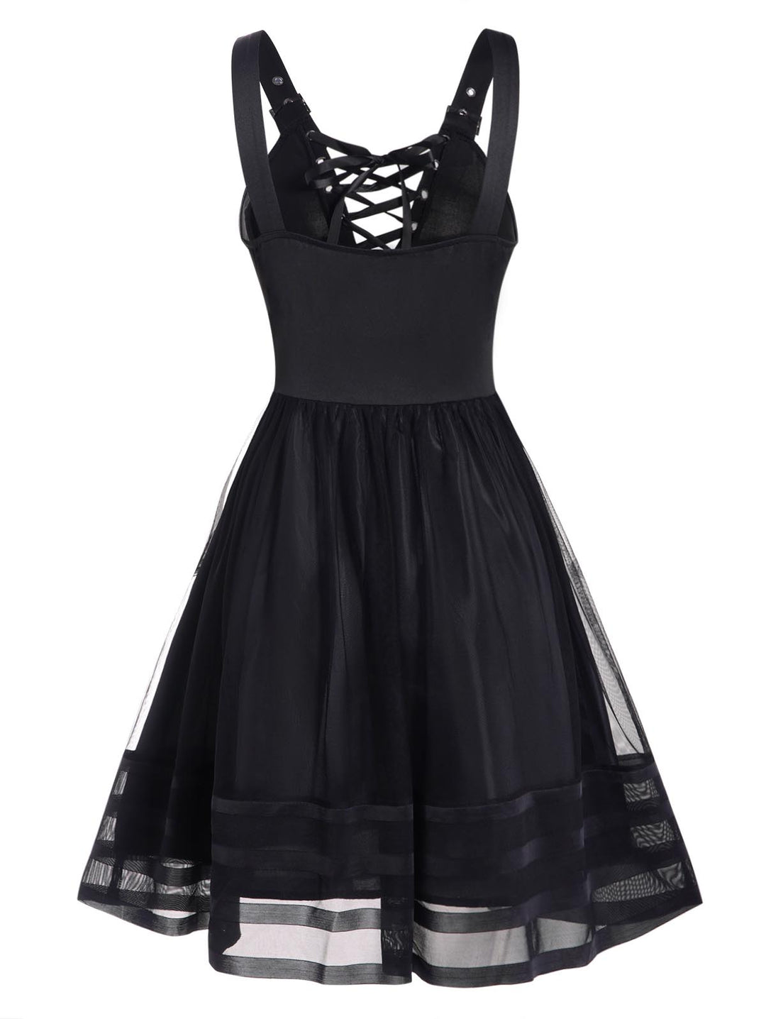 Lace Up Mesh Overlay Buckle Strap A Line Dress