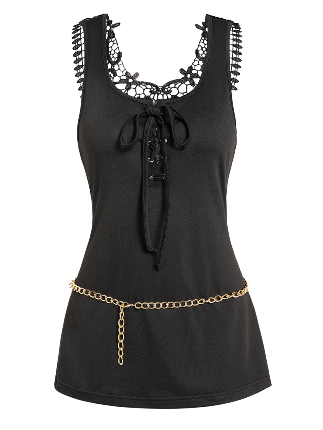 Plain Color Lace Up Hollow Out Lace Panel Chain Belted Tank Top