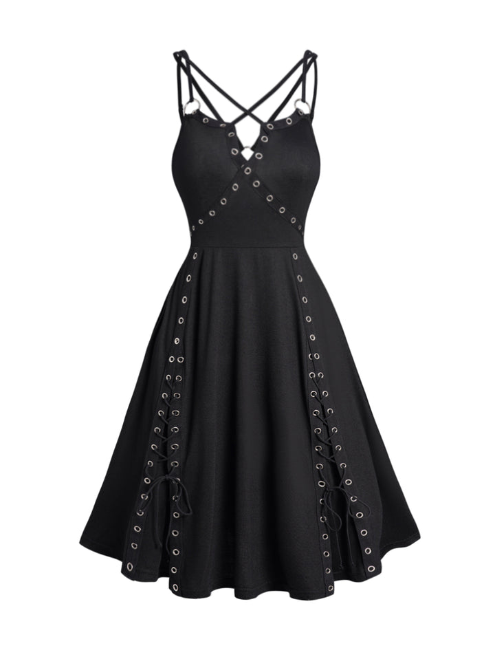 Gothic Grommet Plain Color Empire Waist V Notched Crisscross A Line Mini Dress
