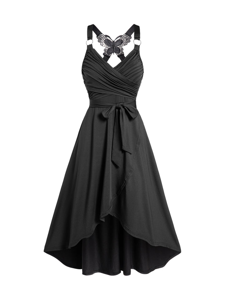Crossover Self Belted Bowknot Tied Butterfly Lace High Waisted A Line Midi Dress