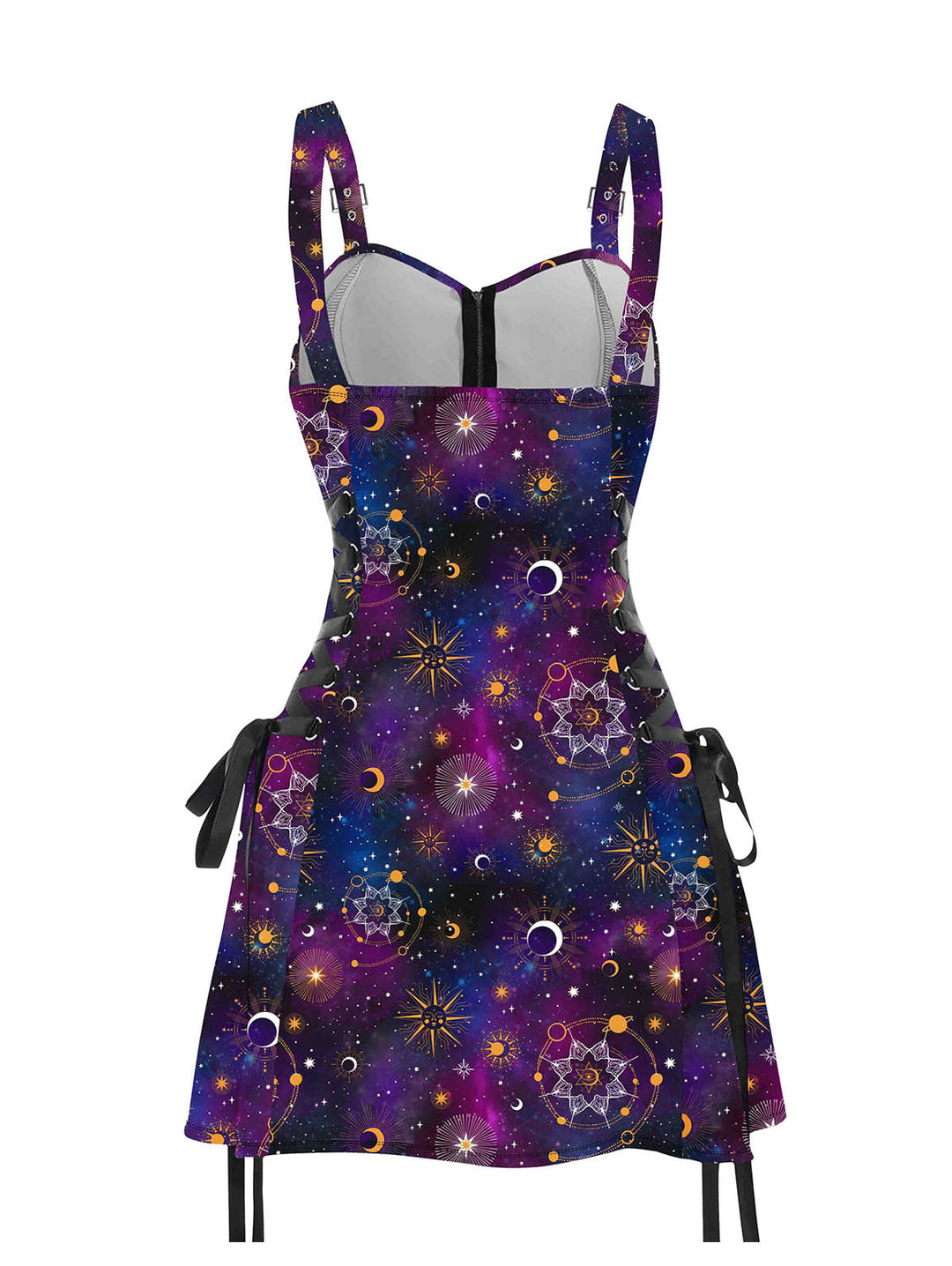 Galaxy Sun Star Print Half Zipper Lace Up High Waisted Strap A Line Mini Dress
