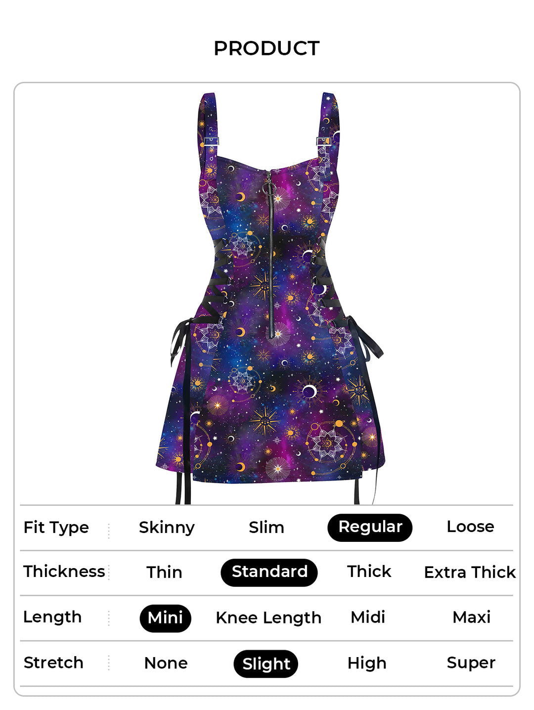 Galaxy Sun Star Print Half Zipper Lace Up High Waisted Strap A Line Mini Dress