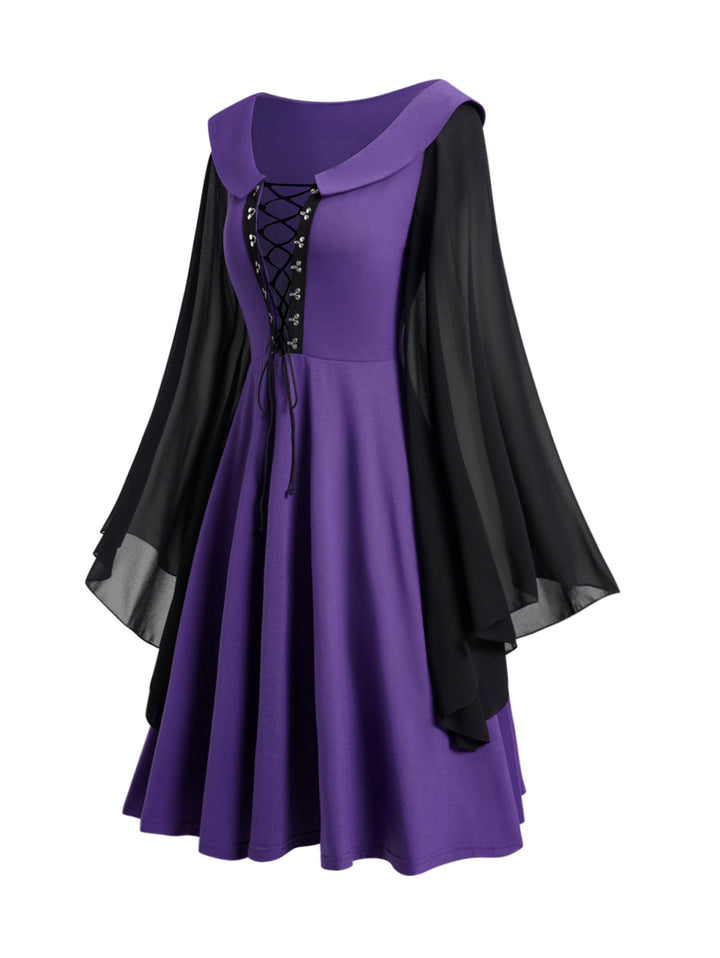 Lace Up Hasp Button Chiffon Long Sleeve Gothic Mini Dress