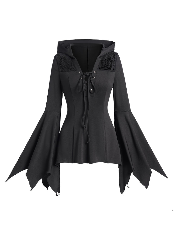 Lace Panel Flare Sleeve Lace Up Long Sleeve Gothic Hooded Top