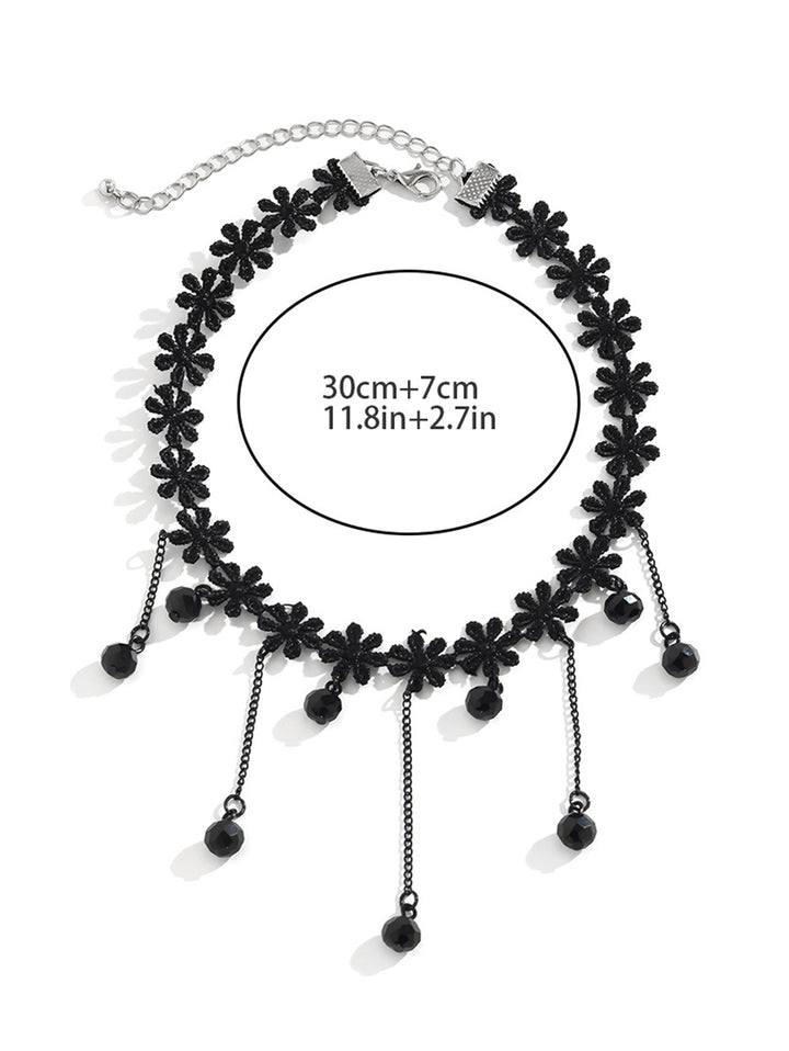 Gothic Bead Tassel Black Floral Lace Choker Necklace