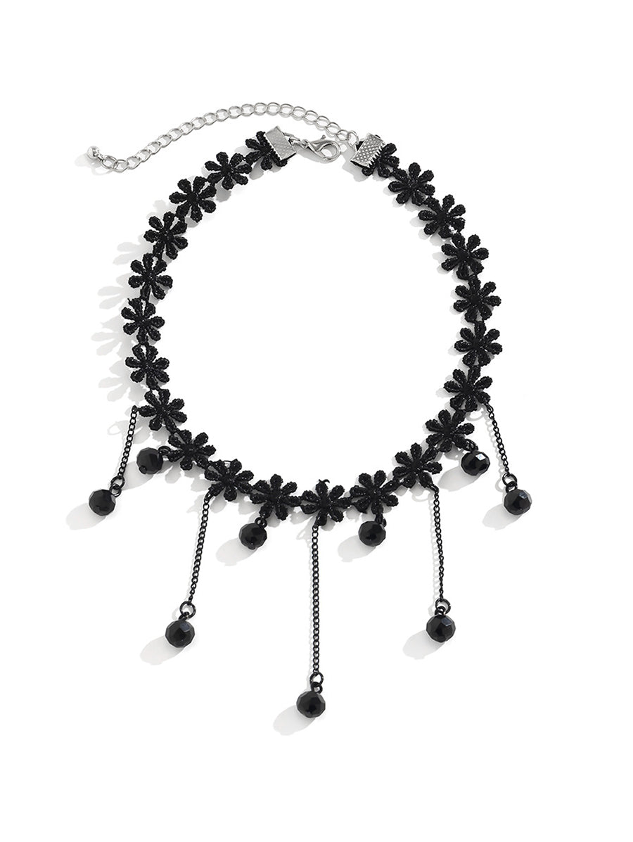 Gothic Bead Tassel Black Floral Lace Choker Necklace