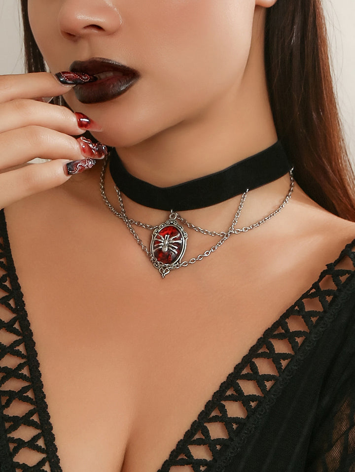 Halloween Vintage Gothic Spider Faux Red Crystal Chain Choker Necklace