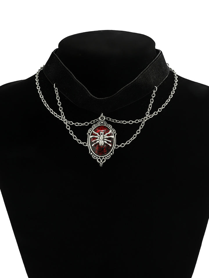 Halloween Vintage Gothic Spider Faux Red Crystal Chain Choker Necklace