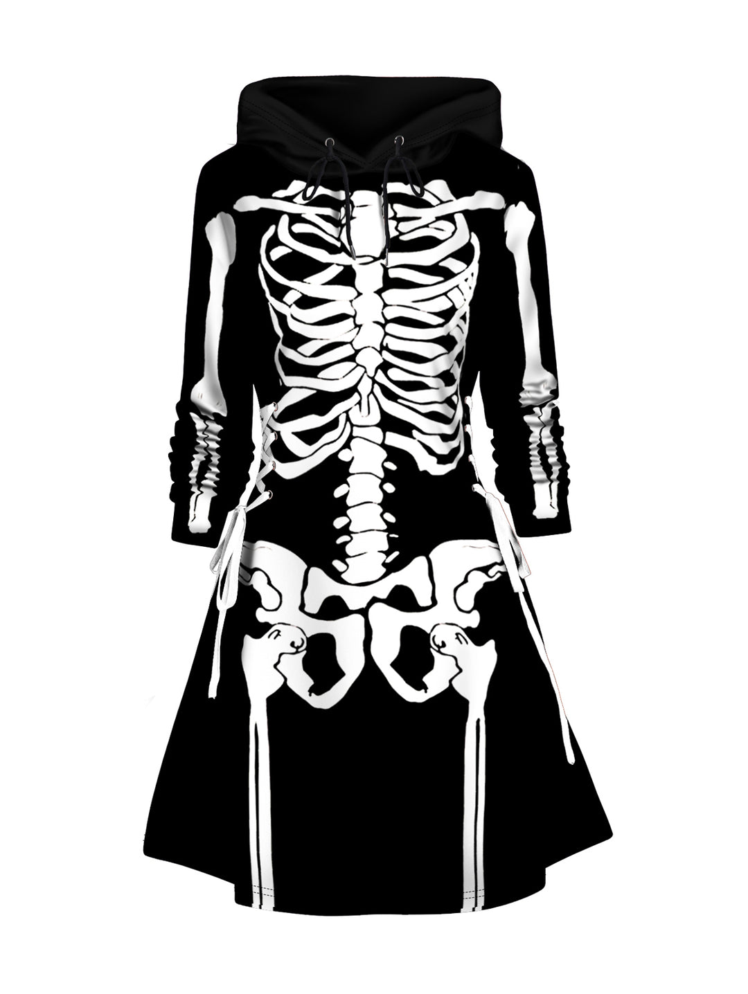 Halloween Skeleton Print Colorblock Lace Up A Line Mini Hoodie Dress