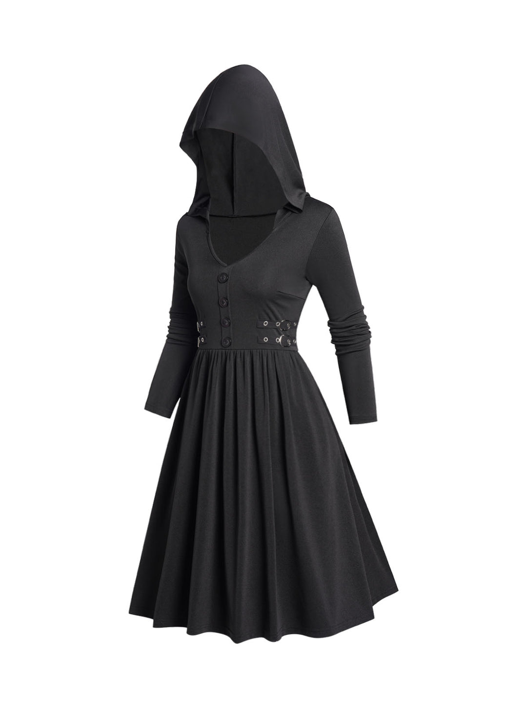Gothic Buckle Long Sleeve A Line Casual Hooded Dress
