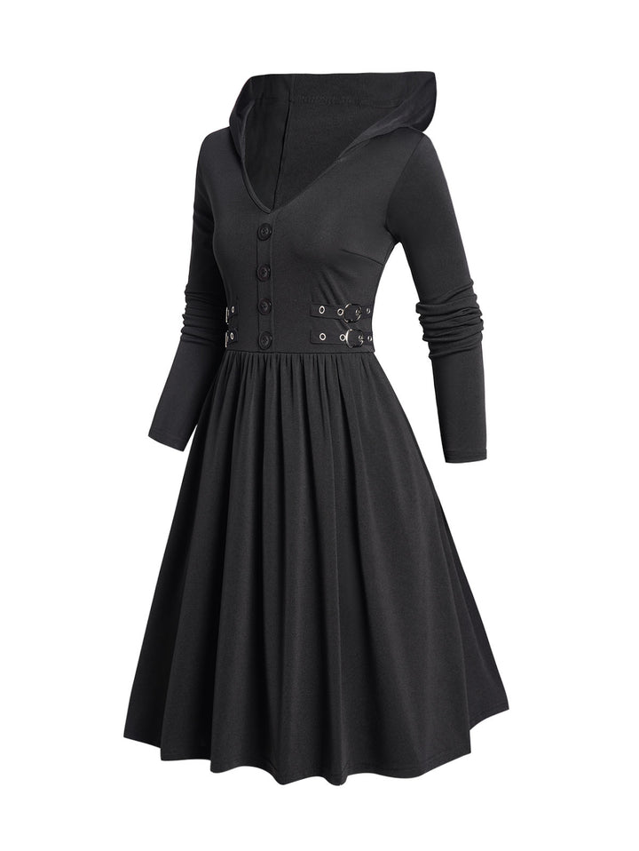 Gothic Buckle Long Sleeve A Line Casual Hooded Dress