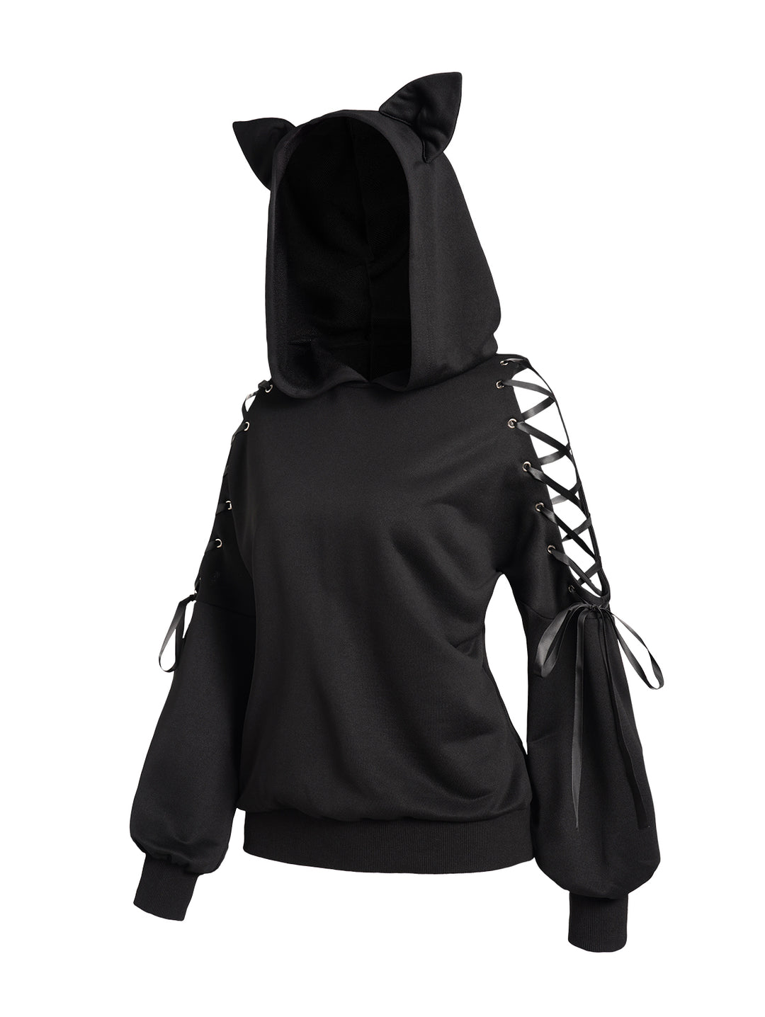 Gothic Solid Color Cut Out Lace Up Cat Ear Hoodie