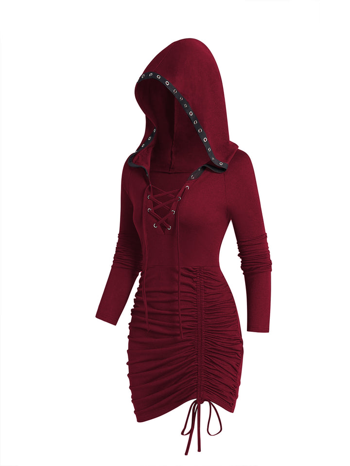 Lace Up Gothic Cinched Ruched Mini Hooded Dress