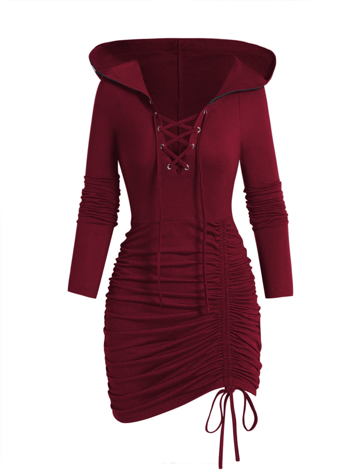Lace Up Gothic Cinched Ruched Mini Hooded Dress