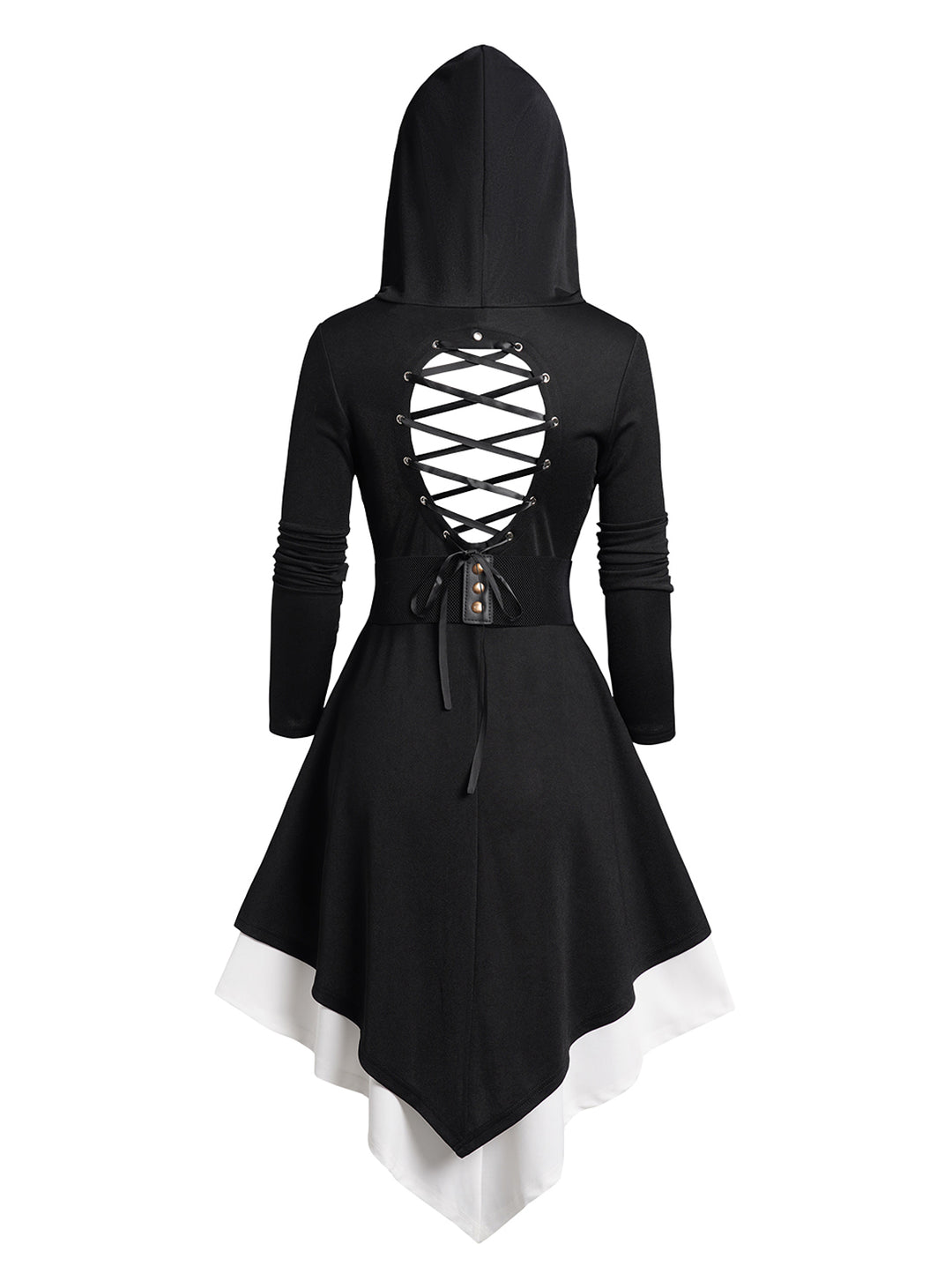 Gothic Lace Up Cut Out Colorblock Asymmetric Hooded Dress