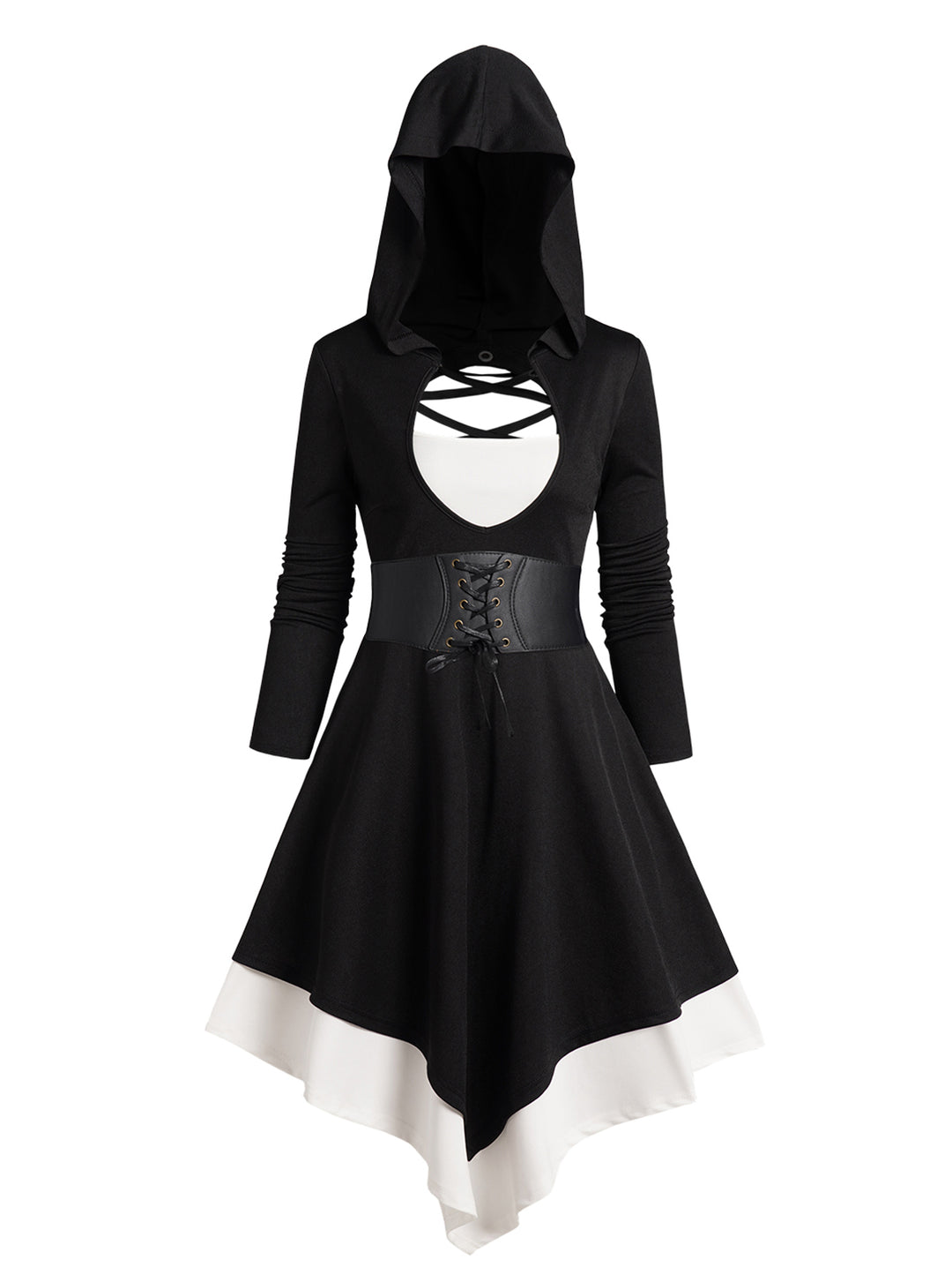Gothic Lace Up Cut Out Colorblock Asymmetric Hooded Dress