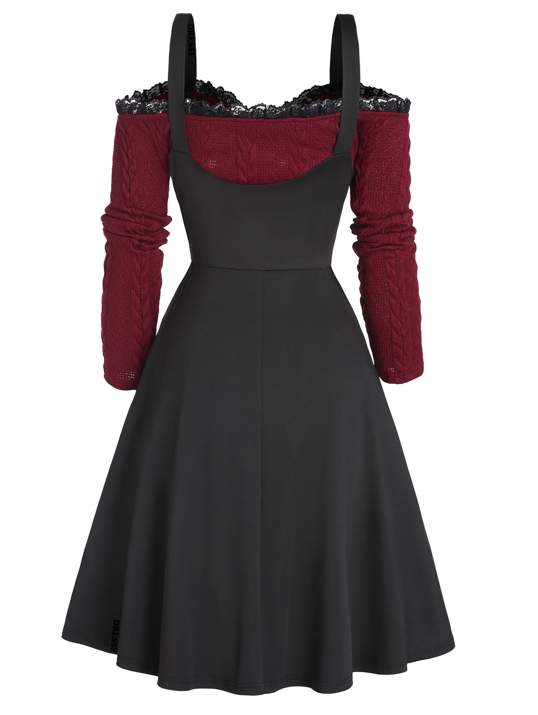 Colorblock Cold Shoulder Lace Trim Bowknot Knit Faux Twinset Dress