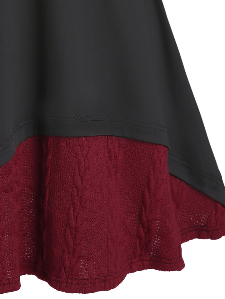 Colorblock Cold Shoulder Lace Trim Bowknot Knit Faux Twinset Dress