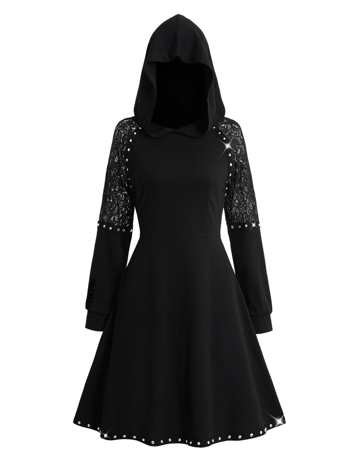 Gothic Sheer Lace Panel Rivets Mini Hooded Dress