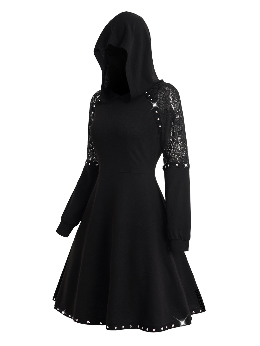 Gothic Sheer Lace Panel Rivets Mini Hooded Dress
