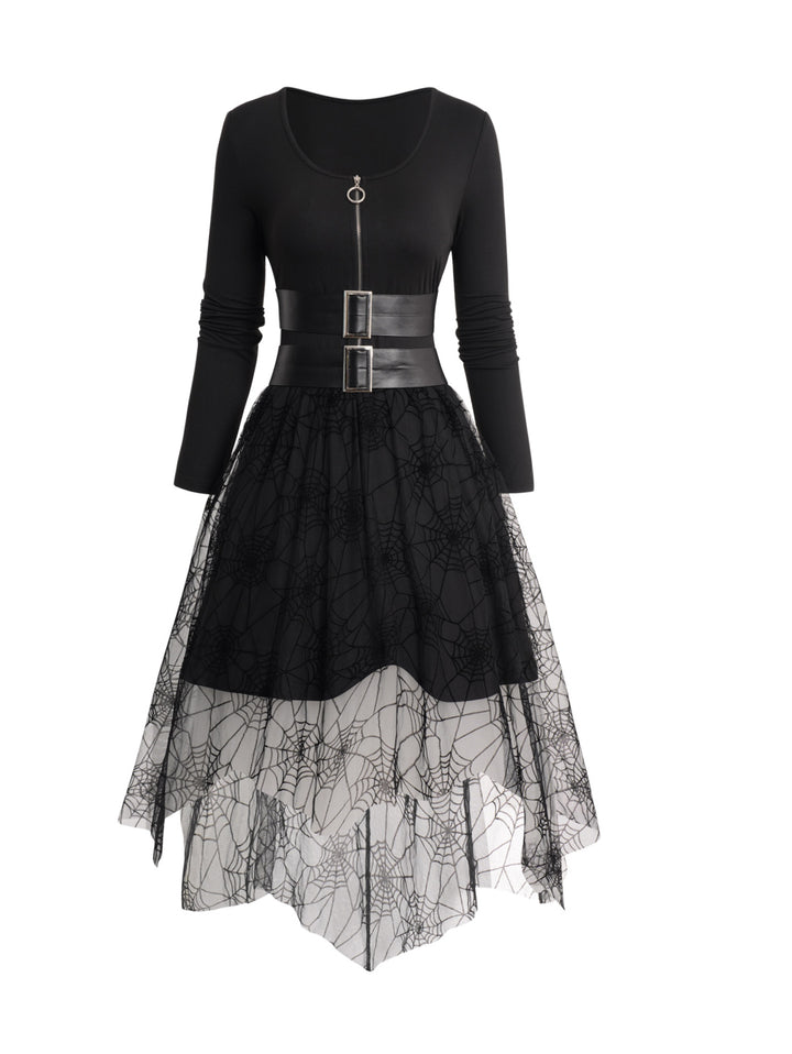Half Zipper Buckle Belted Lace Overlay Layered Asymmetric Dress