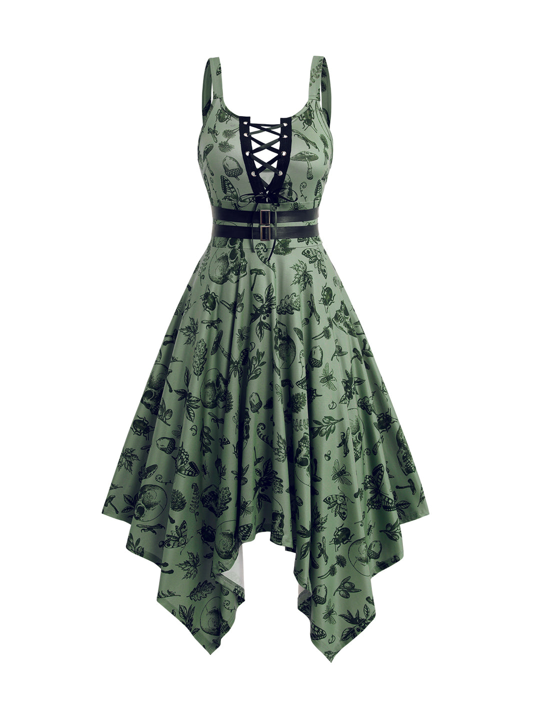 Allover Gothic Skull Print Lace Up Cami Dress
