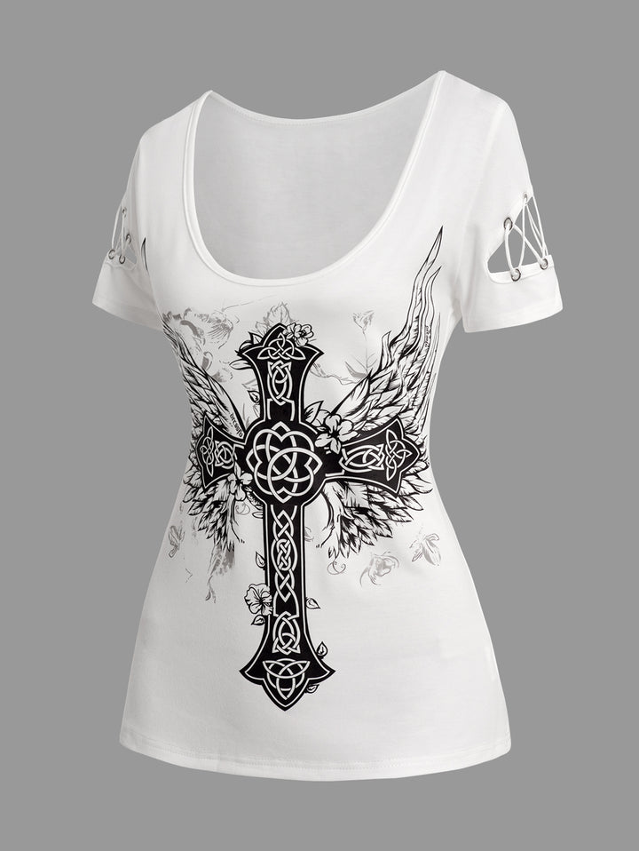 Summer Tee Gothic Cross Print Short Sleeve Round Neck T Shirt