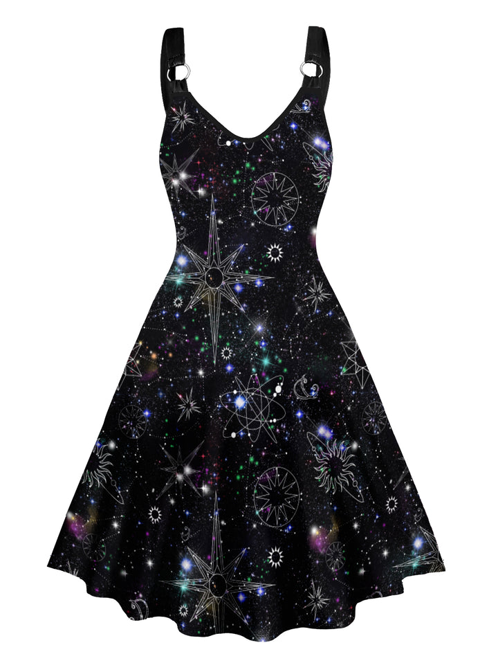 Allover Galaxy Print Straps Sleeveless O Ring V Neck Tank Dress
