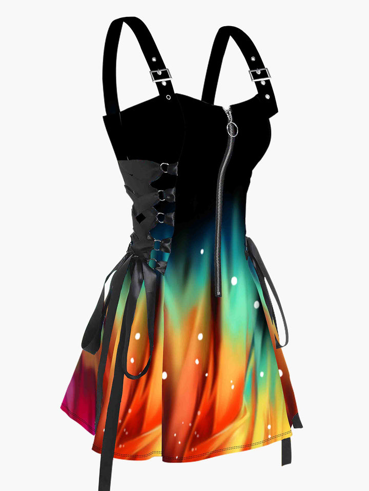 Galaxy Colorful Print Lace Up Half Zipper Buckle Strap Dress