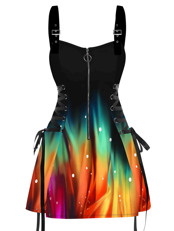 Galaxy Colorful Print Lace Up Half Zipper Buckle Strap Dress