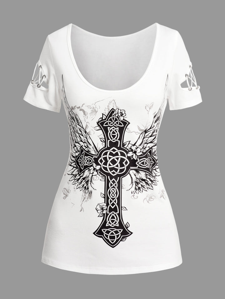 Summer Tee Gothic Cross Print Short Sleeve Round Neck T Shirt
