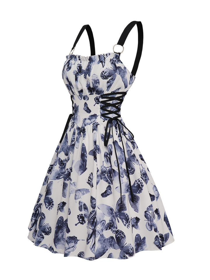 Butterfly Print Lace Up O Ring Ruffle Trim Zip Back Dress