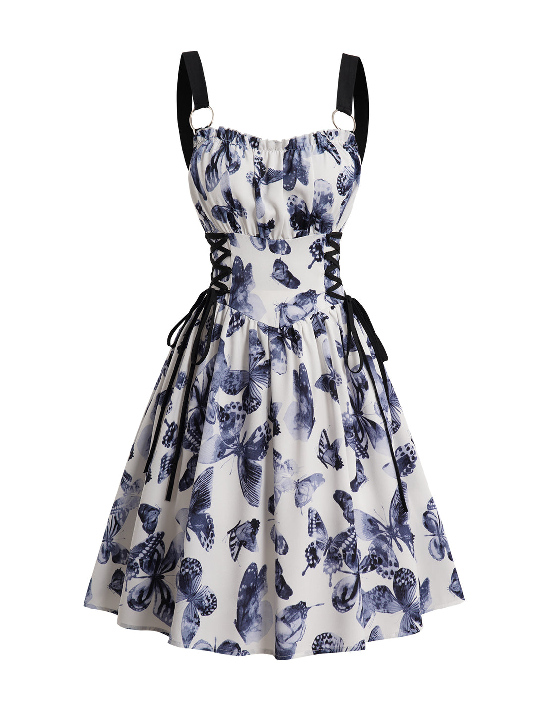 Butterfly Print Lace Up O Ring Ruffle Trim Zip Back Dress
