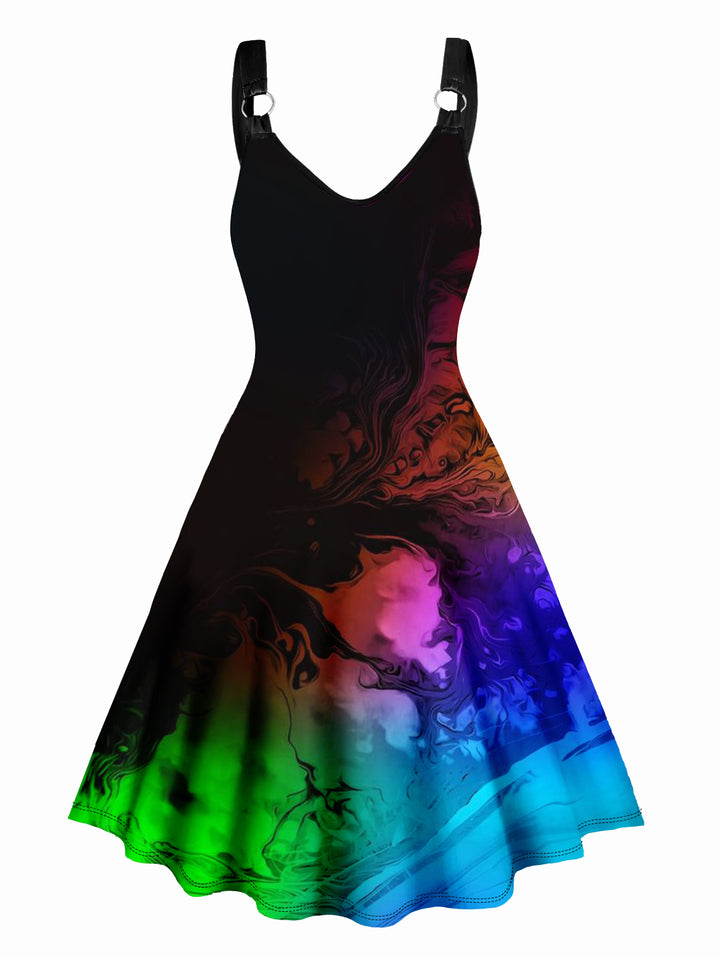 Colorful Print V Neck O Ring Straps Sleeveless A Line Summer Dress