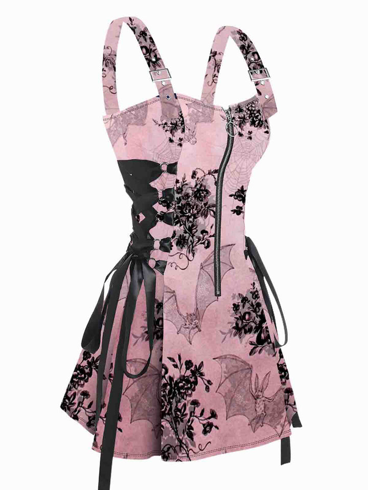 Bat Floral Print Buckle Strap Lace Up Half Zipper Dress