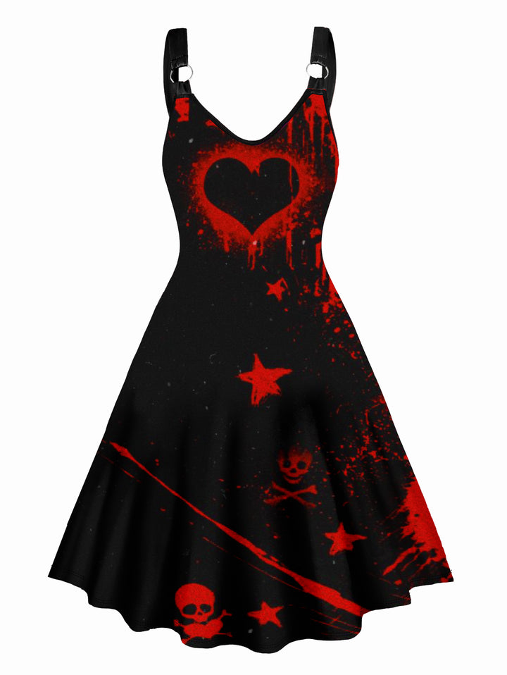 Bleeding Heart Skull Star Print V Neck O Ring Dress