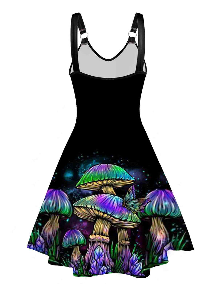 Galaxy Colorful Mushroom Print V Neck O Ring A Line Dress