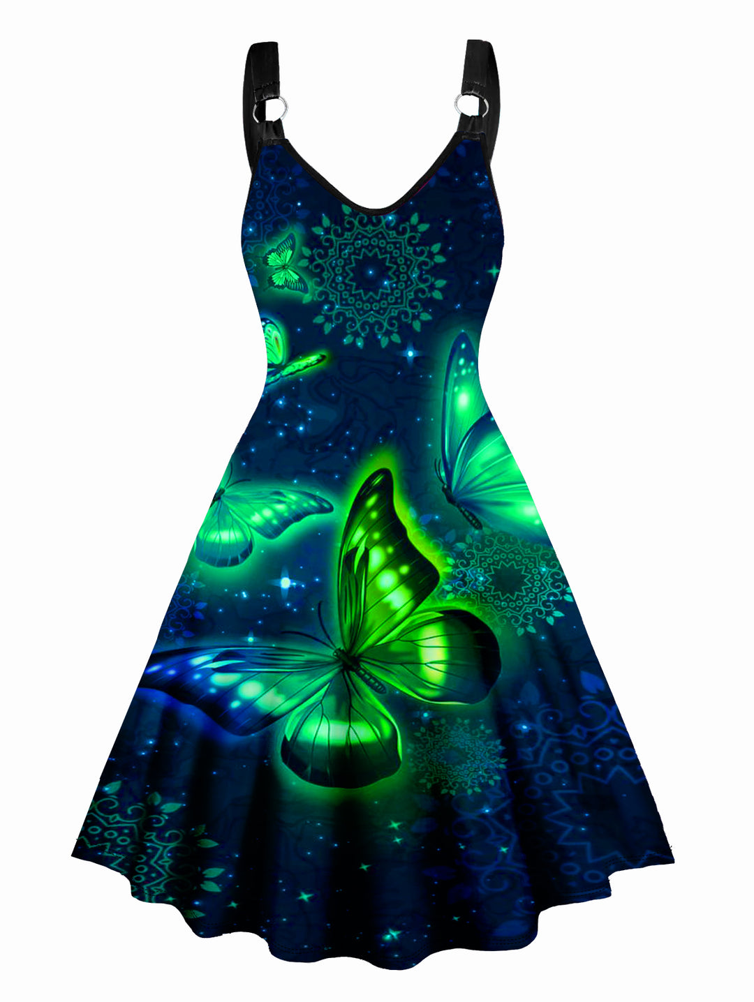 Galaxy Reflective Butterfly Print V Neck O Ring Dress