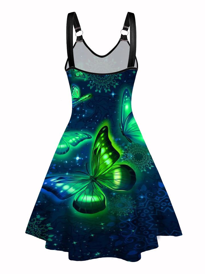 Galaxy Reflective Butterfly Print V Neck O Ring Dress