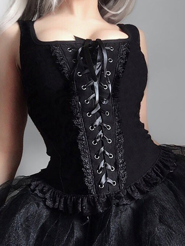 Knitted Lace Trim Square Neck Tie-Up Tank Top
