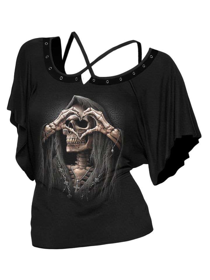Gothic Rivet-Trimmed Grim & Heart Print Cross-Back Bat Sleeve T-Shirt