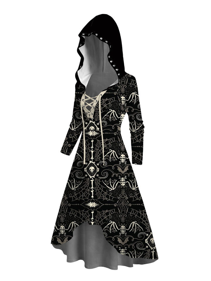 Gothic Bat & Skull Print Lace Up High Low Hoodie Dress